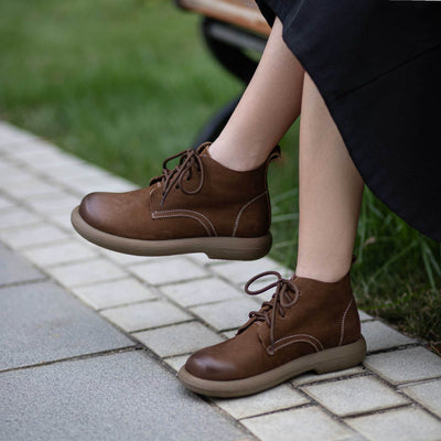 Trendy Genuine Leather Round Toe Soft Sole Lace-Up Boots