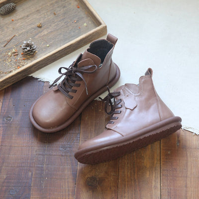 Retro Cowhide Round Toe Comfortable Soft Flat Sole Lace-Up Boots
