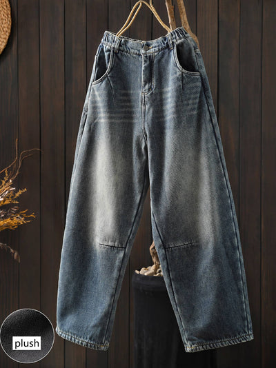Women Winter Retro Denim Elastic Waist Plush Thick Warm Pants