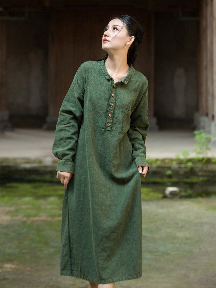 Autumn Ramie Casual Washed Shirt Collar Long Sleeves Dress