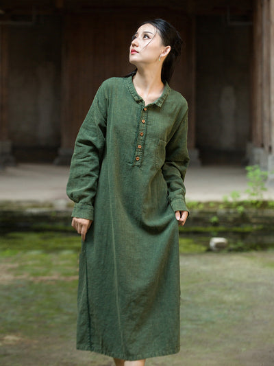 Autumn Ramie Casual Washed Shirt Collar Long Sleeves Dress