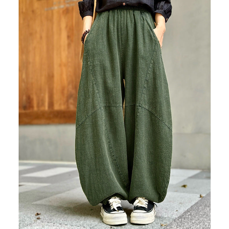 Women Linen Fit Wide Leg Pants Meditation Lantern Trousers