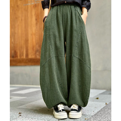 Women Linen Fit Wide Leg Pants Meditation Lantern Trousers