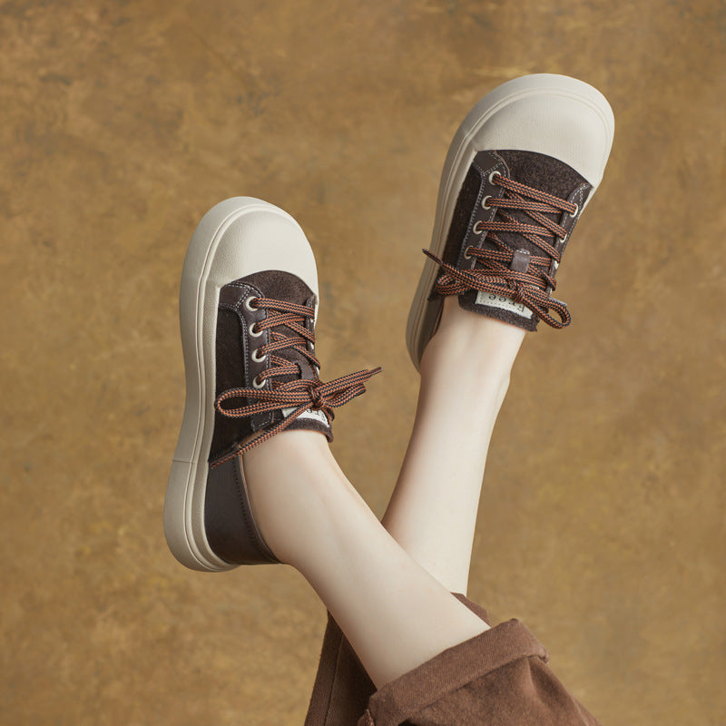 Top Leather Retro Patchwork Round Wide Toe Casual Shoes