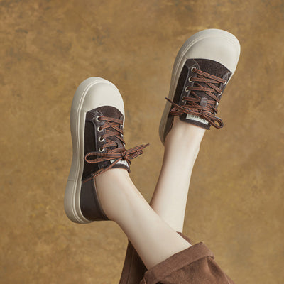 Top Leather Retro Patchwork Round Wide Toe Casual Shoes