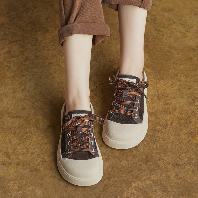 Top Leather Retro Patchwork Round Wide Toe Casual Shoes