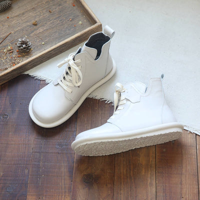 Retro Cowhide Round Toe Comfortable Soft Flat Sole Lace-Up Boots