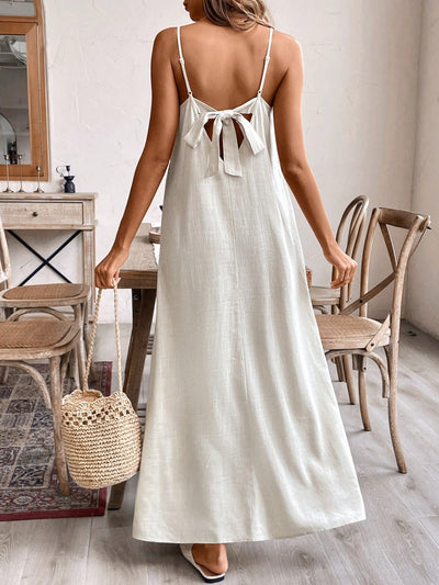 Sleeveless Casual Cotton Linen A-Line Loose White Lace-Up Dress