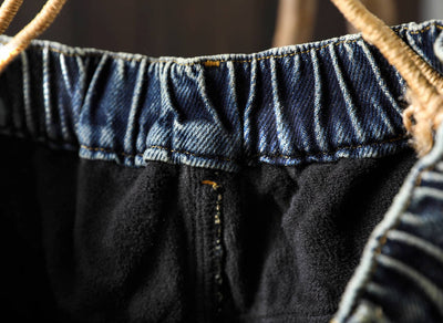 Women Winter Retro Denim Elastic Waist Plush Thick Warm Pants