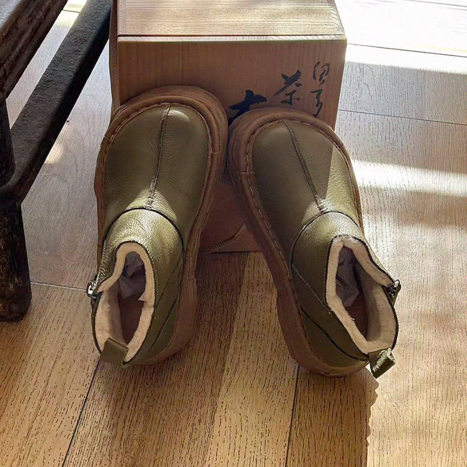 Winter Leather Wide Round Toe Fleece-Lined Platform Warm Ankle Boots