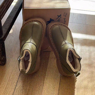 Winter Leather Wide Round Toe Fleece-Lined Platform Warm Ankle Boots