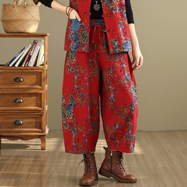 Women Winter Floral Ethnic Style Fleece-Lined Casual Pants