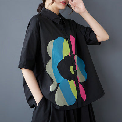 Women Spring Floral Print Colorblock Cotton Short Sleeve Shirt