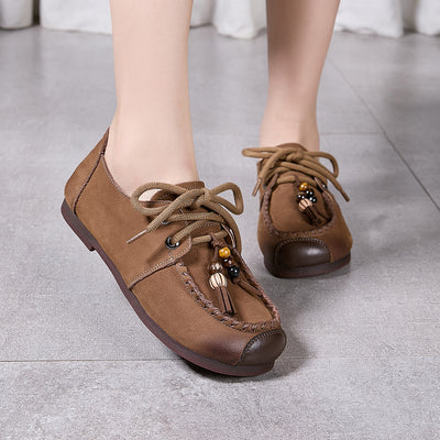 Autumn Leather Retro Lace-Up Beadwork Flat Sole Shoes