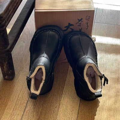 Winter Leather Wide Round Toe Fleece-Lined Platform Warm Ankle Boots