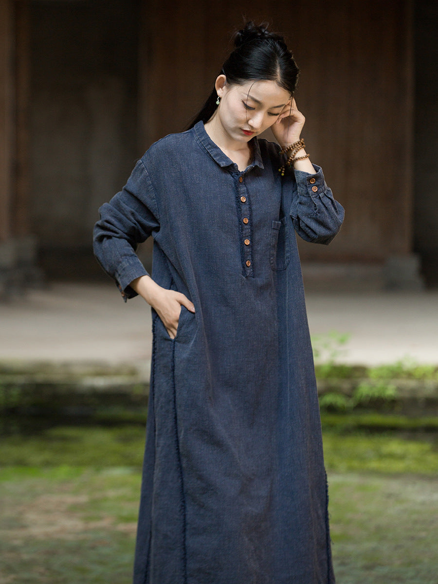 Autumn Ramie Casual Washed Shirt Collar Long Sleeves Dress