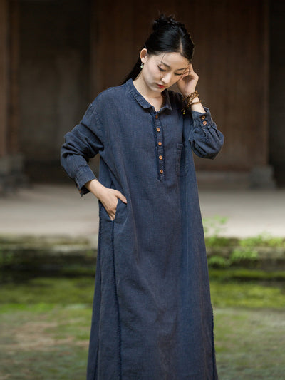 Autumn Ramie Casual Washed Shirt Collar Long Sleeves Dress