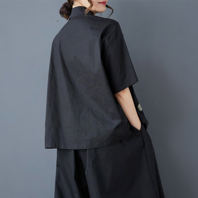 Women Spring Floral Print Colorblock Cotton Short Sleeve Shirt