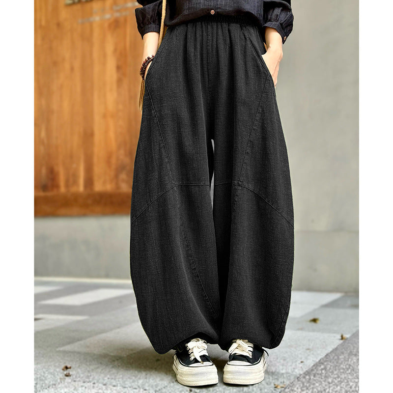 Women Linen Fit Wide Leg Pants Meditation Lantern Trousers