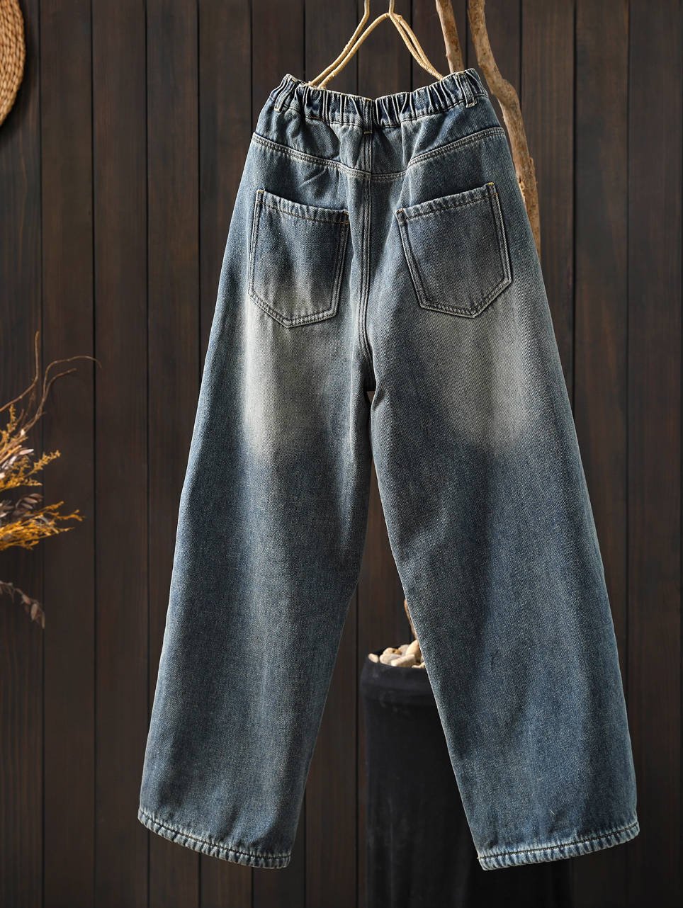 Women Winter Retro Denim Elastic Waist Plush Thick Warm Pants