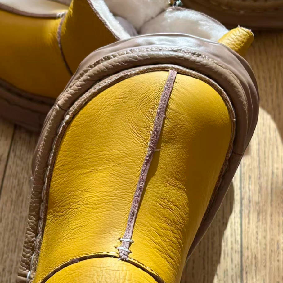 Winter Leather Wide Round Toe Fleece-Lined Platform Warm Ankle Boots