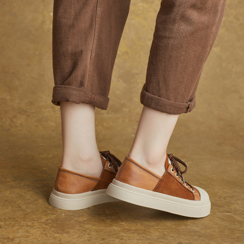 Top Leather Retro Patchwork Round Wide Toe Casual Shoes