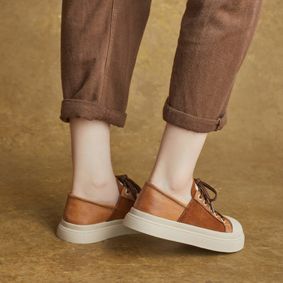 Top Leather Retro Patchwork Round Wide Toe Casual Shoes