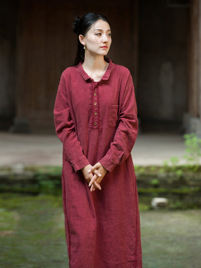 Autumn Ramie Casual Washed Shirt Collar Long Sleeves Dress