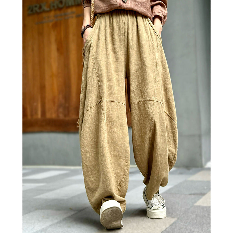 Women Linen Fit Wide Leg Pants Meditation Lantern Trousers