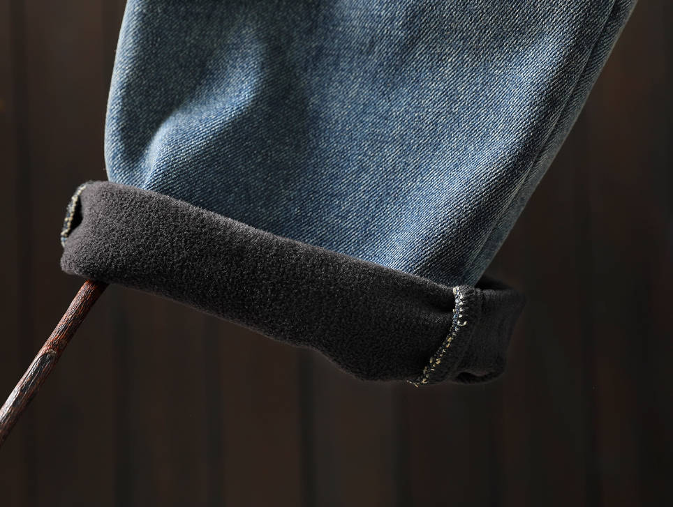 Women Winter Retro Denim Elastic Waist Plush Thick Warm Pants