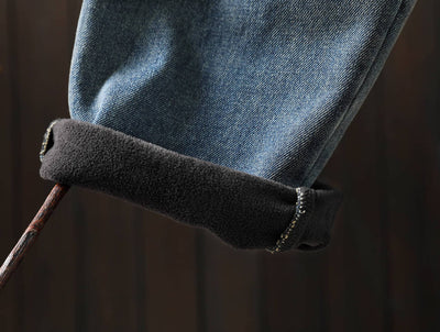 Women Winter Retro Denim Elastic Waist Plush Thick Warm Pants
