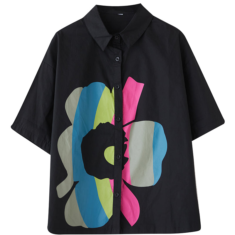 Women Spring Floral Print Colorblock Cotton Short Sleeve Shirt