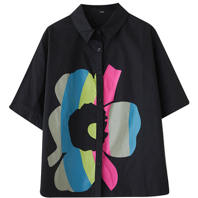 Women Spring Floral Print Colorblock Cotton Short Sleeve Shirt
