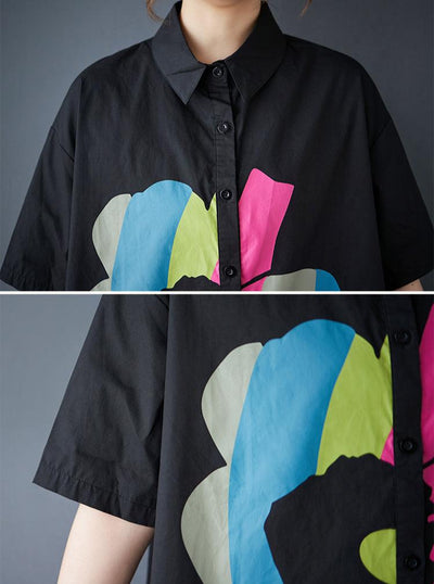 Women Spring Floral Print Colorblock Cotton Short Sleeve Shirt