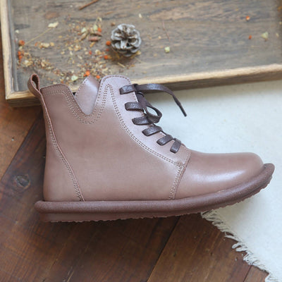 Retro Cowhide Round Toe Comfortable Soft Flat Sole Lace-Up Boots