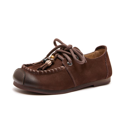 Autumn Leather Retro Lace-Up Beadwork Flat Sole Shoes