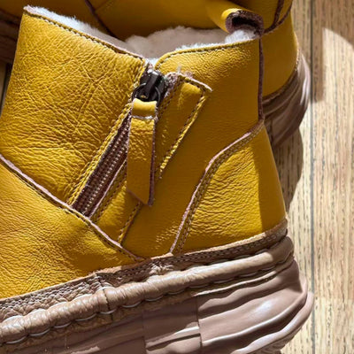 Winter Leather Wide Round Toe Fleece-Lined Platform Warm Ankle Boots