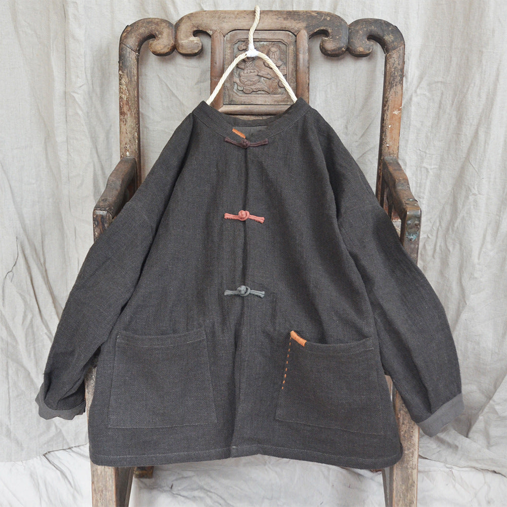 Women Vintage Color Block Buttons Casual Linen Coats
