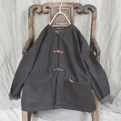 Women Vintage Color Block Buttons Casual Linen Coats