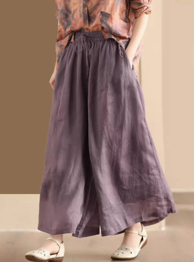 Women Retro Linen Loose Solid Color Wide Leg Lace-Up Pants