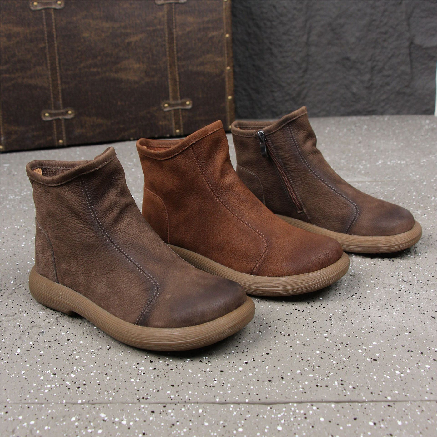 Autumn Leather Retro Plus Size Zipper Loose Ankle Boots