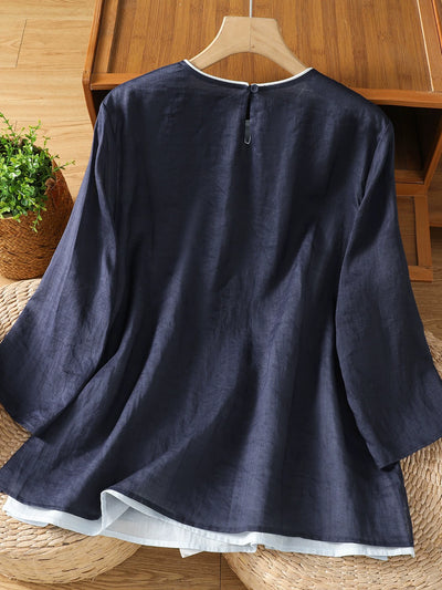 Retro Autumn Linen Round Neck Patchwork Loose Shirt