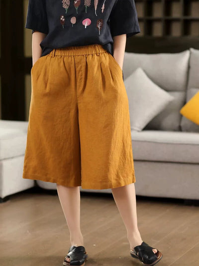 Summer Retro Casual Linen Loose Elastic Waist Knee-Length Shorts