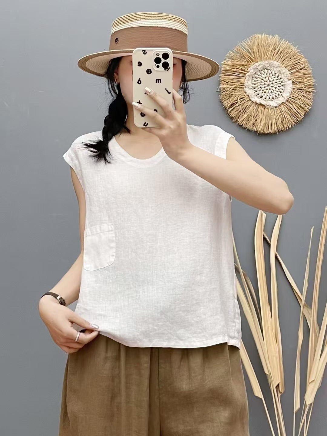 Women Summer Linen Round Neck Sleeveless Solid Color Vest