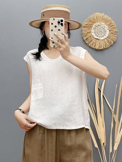Women Summer Linen Round Neck Sleeveless Solid Color Vest