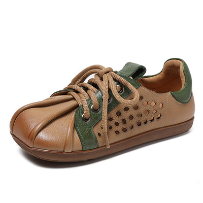 Spring Retro Hollow Soft Sole Color Block Leather Casual Shoes