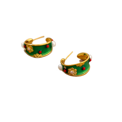 Babakud Women Retro Green Enamel Floral Earrings with Pearls
