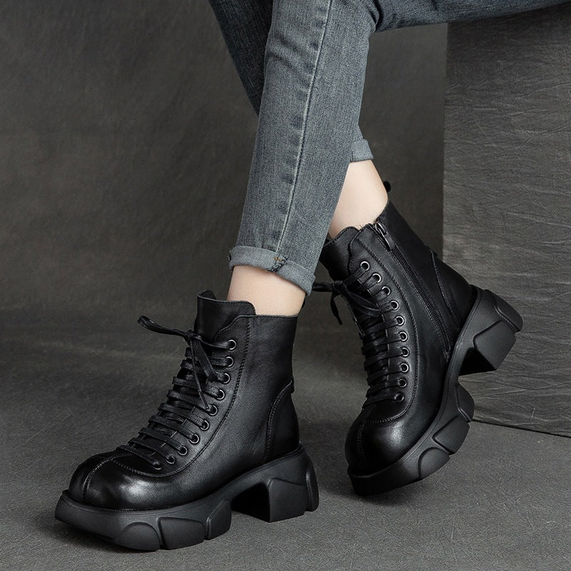 Women Retro Platform Fleece Lining Leather Short Boots