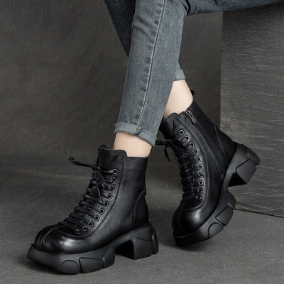 Women Retro Platform Fleece Lining Leather Short Boots