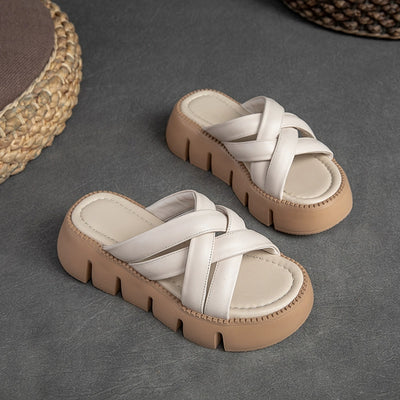 Summer Leather Cool Woven Thick Flat Sole Slippers